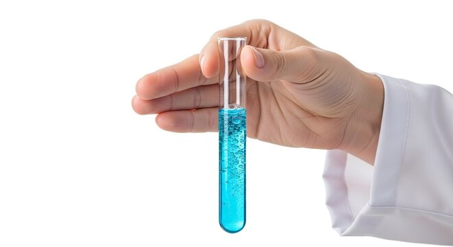 A hand in a lab coat holds a test tube with a blue liquid and bubbles against a white background
