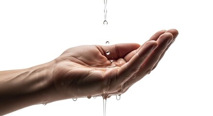 A hand is positioned upward catching droplets of water against a bright blank background