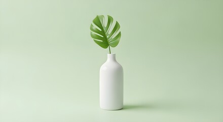 A simple, white ceramic vase with a single, elegant green leaf inside, on a matching pastel green background