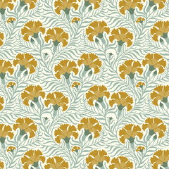 Seamless Art Nouveau floral pattern featuring stylized mustard yellow/ochre carnations and swirling mint stems. An elegant, rhythmic, and intricate botanical illustration for vintage textiles.