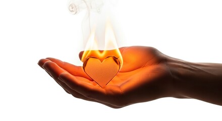 A hand supports a burning heart flames rising with smoke trails