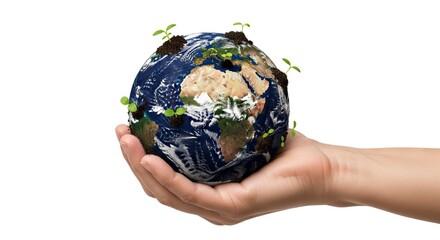 A hand supports an Earth globe with sprouts