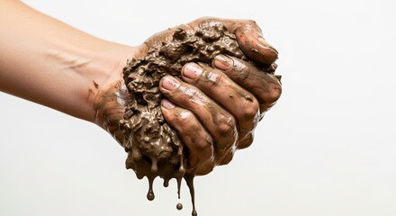 A hand tightly grips wet dripping mud against a white backdrop