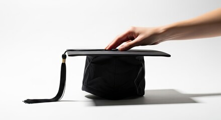 A hand touches a graduation cap with a black tassel on a white surface casting a shadow