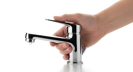 A hand turning on a faucet with a single drop of water at the taps end