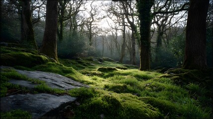 Obraz premium Sunlight streams through an ancient mossy forest floor at dawn creating a serene natural landscape