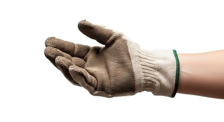 A hand wears a wellused work glove palm up against a white backdrop wrist visible