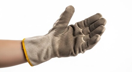 A hand wearing a tan textured work glove is positioned against a white background
