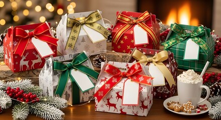 Festive holiday-themed gable boxes with vibrant ribbons and gift tags, styled in a cozy seasonal setting.