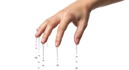 A hand with water droplets clinging to it creating drips at the fingers