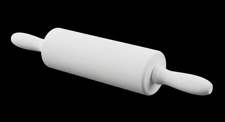 A white wooden rolling pin is positioned diagonally against a black background