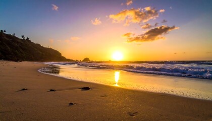 Golden sunset paints a sandy beach, with waves gently lapping ashore and a verdant hill in the background