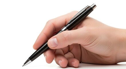 A human hand holds a black pen ready to write on a clean white surface