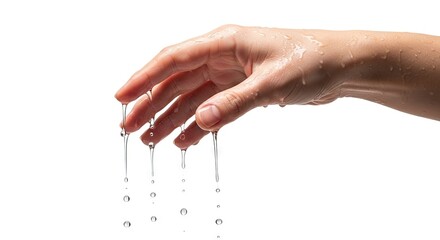 A wet hand palm down drips clear liquid in a white space