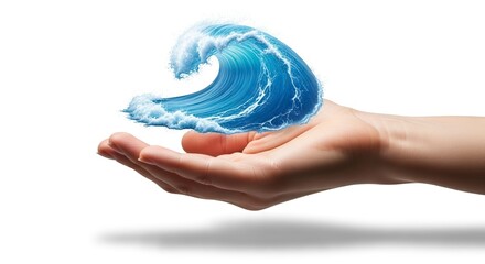 A wave rests in an open hand against a white background casting a shadow below