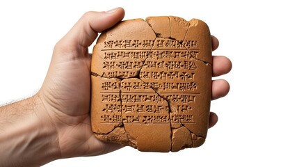 A human hand holding a fragmented clay tablet with inscribed characters