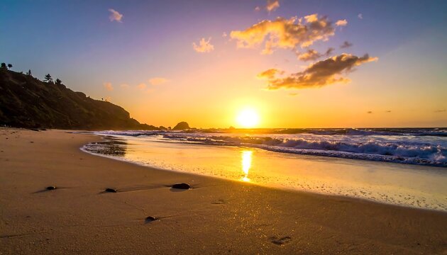 Golden sunset paints a sandy beach, with waves gently lapping ashore and a verdant hill in the background - Powered by Adobe