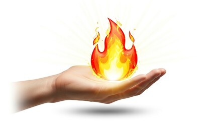 A human hand holds a stylized flame emitting light against a white background