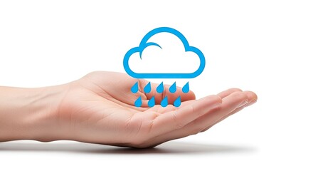A human hand holds an icon depicting a cloud and raindrops set against a white background