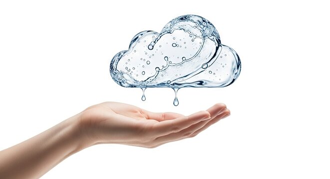 A human hand holds a water cloud shape with droplets against a white background