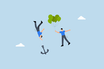 Business ranking up or down, entrepreneur grasping balloon that ascends, in contrast to others descending with an anchor.