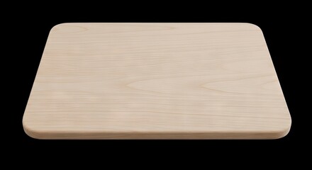 A light rectangular wood cutting board with rounded corners on a black background