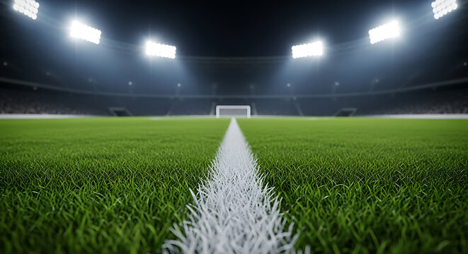Empty soccer stadium with bright stadium lights illuminating the green grass field and goal isolated on transparent background