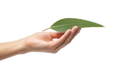 A lightskinned hand holds a long ovalshaped green leaf with a visible central vein against a bright white background