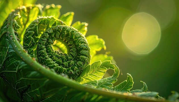 Close up macro of a vibrant green fern frond unfurling with morning dew catching the golden sunlight creating a bokeh effect in the background