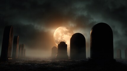 Cemetery silhouettes under moonlight