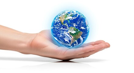 An open hand supports a glowing detailed globe of Earth against a bright white background