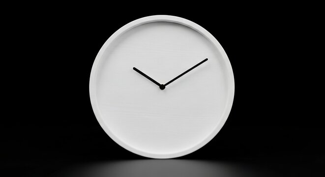 A white clock with black hands stands against a black background indicating the time
