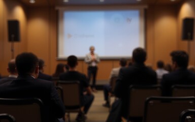 Conference Audience Blur: A blurred background of an audience at a conference or seminar, with rows of seats and people listening attentively. High quality