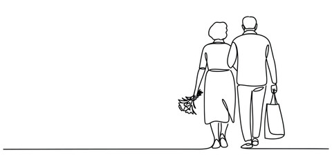 Continuous line drawing of elderly couple walking arm in arm