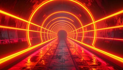 Glowing orange circles in a metallic tunnel, perspective view. Warm light and reflections. Industrial feel