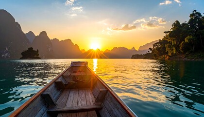 Golden sunset view from a wooden boat on a calm lake surrounded by mountainous landscape with green foliage