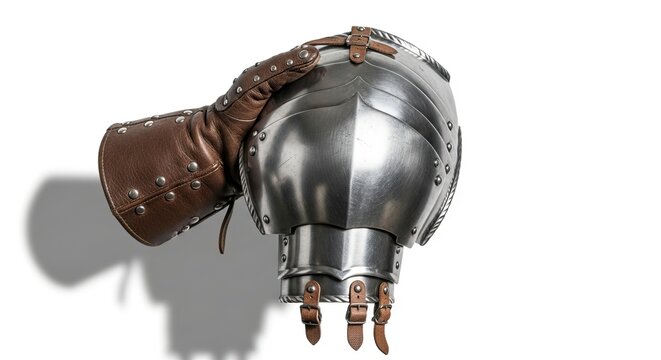Closeup of a brown leather glove holding a silver armor piece on a white background - Powered by Adobe