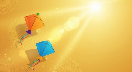 Colorful Kites Flying. Makar Sankranti Golden Sky Festive Background.
