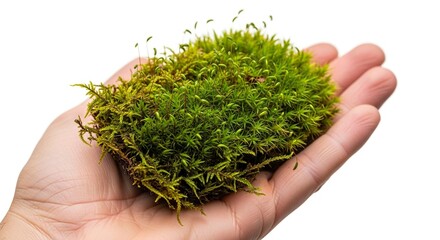 A moss clump rests on a hand greenery contrasting against skin tones