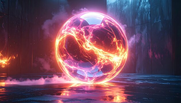 Glowing orb with fiery plasma inside, sitting on a reflective surface with smoke and dark stone walls