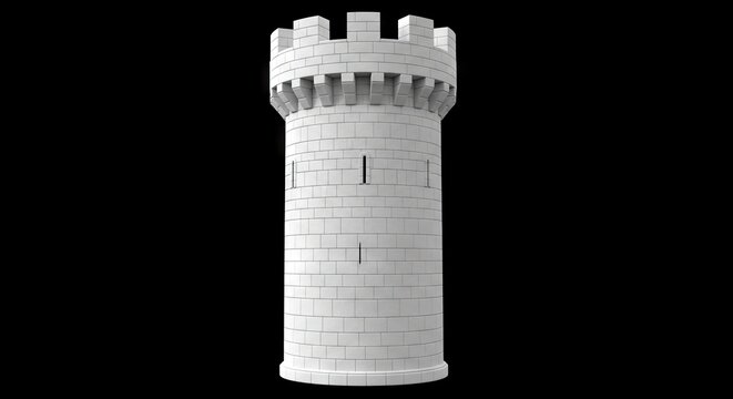 Gray brickpatterned tower with crenellations and slit windows against a black background