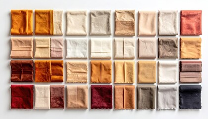 Fototapeta premium Arrangement Of Thirty Six Fabric Swatches In Various Colors And Textures Laid Out In A Grid Pattern On A White Surface With Soft Shadows Overhead