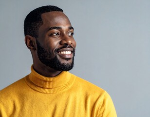 Portrait of a smiling man with a beard and dark skin, wearing a yellow turtleneck, looking right. Neutral grey background