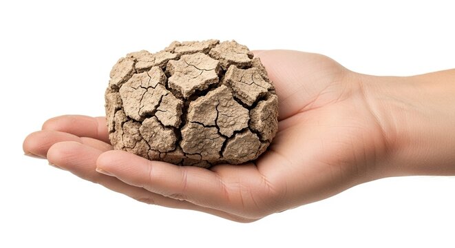 Hand cradling cracked dry earth ball against white backdrop