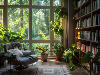 A Cozy Home Library with Floor-to-Ceiling Bookshelves, Comfortable Seating, and Natural Light Streaming Through Large Windows, Offering a Perfect Space for Reading and Relaxation.