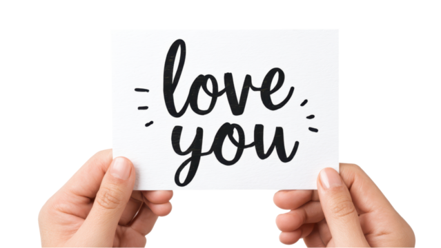 Hands Holding 'Love You' Card on White Background - Romantic Message - Powered by Adobe