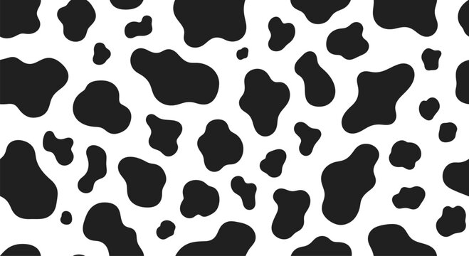Vector cow print pattern background. Black irregular patches on white backdrop. Abstract cow skin or fur texture.