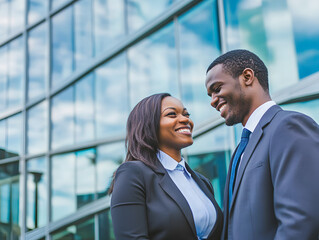Two Business Professionals Smiling at Each Other Outside a Contemporary Office Building, Reflecting Success and Positive Team Collaboration in a Modern Corporate Environment.