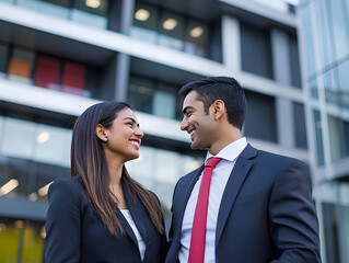A Professional Businessman and Businesswoman Smiling at Each Other Outside a Modern Office Building, Representing Teamwork and Collaboration in a Corporate Environment.