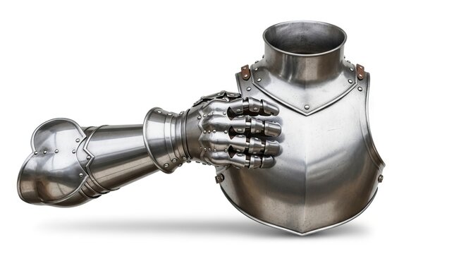 Steel knight armor with gorget gauntlet and pauldrons gleaming under light against a white backdrop